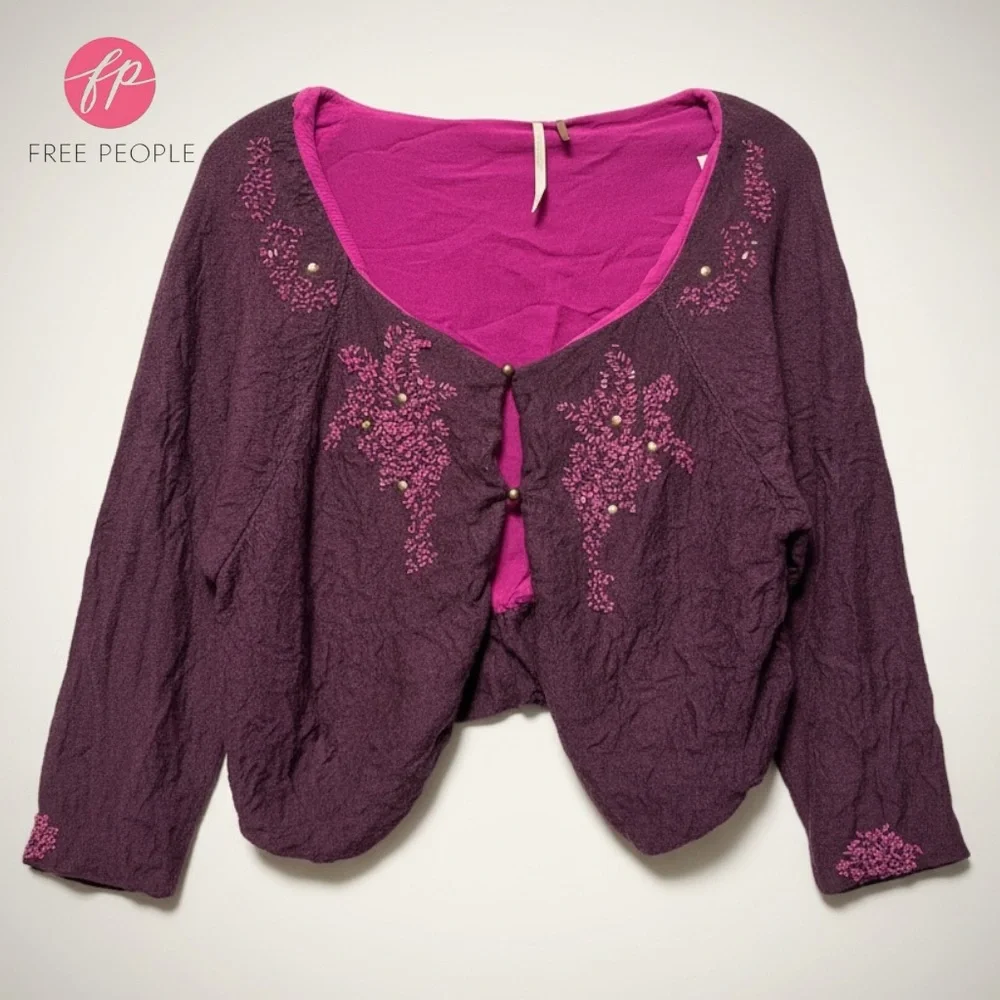 Free People Cardigan Crinkly Purple Pink Wool Silk Beaded Fairy Shrug | Sz L - Picture 1 of 16